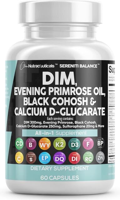 Clean Nutraceuticals DIM Evening Primrose Black Cohosh Calcium D-Glucarate Sulforaphane Flax Seed Extract - Hormonal Support Vitamins for Women with Dong Quai - 60 Caps - NutriGlobal