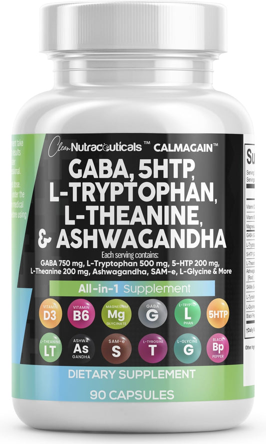 Clean Nutraceuticals GABA 750mg 5 HTP 200mg L Tryptophan 500mg L Theanine 200mg Ashwagandha SAM-e L-Glycine - Mood Support Vitamins for Women and Men with L-Tyrosine 5-HTP - NutriGlobal