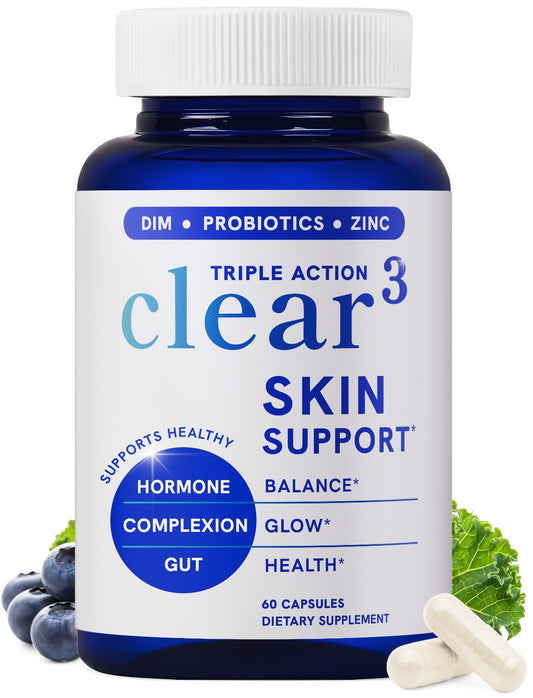 Clear Skin Supplement with Zinc, DIM & Probiotics | 3-in-1 Balance, Glow & Health Skin Support | Triple Action Hyaluronic Acid, Niaciminide & Vitamins for Hormone - NutriGlobal