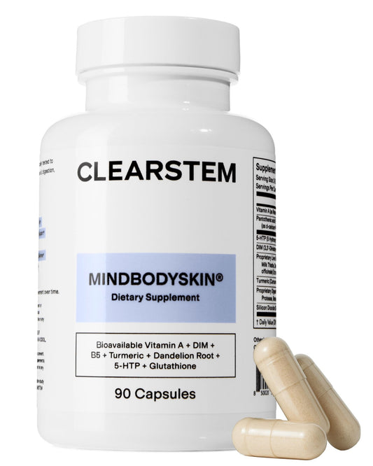 CLEARSTEM - MINDBODYSKIN Hormonal Acne Supplement (5-HTP) - Natural DIM Supplement - Skin Care Vitamins - Hormone Balance, Antioxidants - Gluten Free, - NutriGlobal
