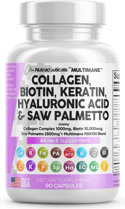 Collagen Pills 1000mg Biotin 10000mcg Keratin Saw Palmetto 2500mg 90 Ct - NutriGlobal