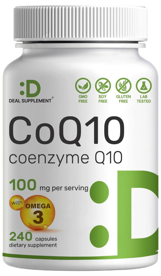 CoQ10 100mg, 240 Capsules – with Omega 3 Fatty Acid 100mg – Bioavailable Coenzyme - NutriGlobal