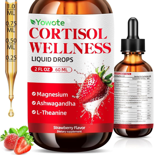 Cortisol Support Supplements for Men and Women, Cortisol Detox Hormone Balance with Magnesium, Ashwagandha, L-theanine, Phosphatidylserine for Lower Cortisol, Calm, Mood Support (60ML, strawberry) - NutriGlobal