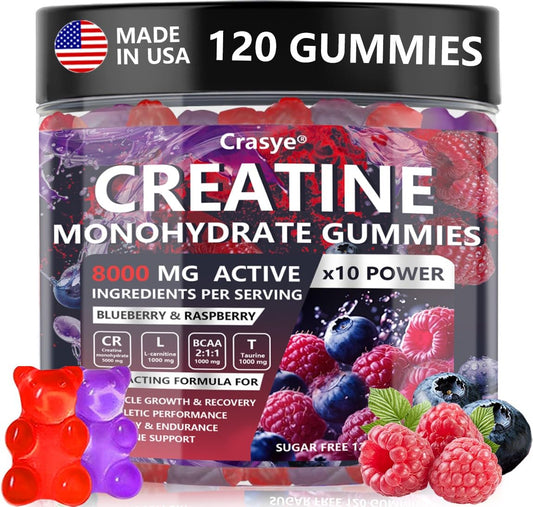 Crasye Creatine Gummies Complex 8000mg for Men and Women Creatine Monohydrate Gummy with BCAA Taurine for Muscle Strength and Energy Boost Sugar - NutriGlobal