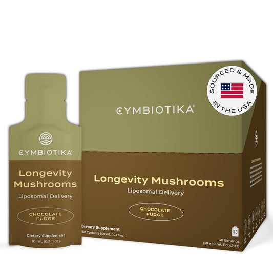 CYMBIOTIKA Liposomal Mushroom Supplement with Lion's Mane, Turkey Tail, B-Vitamins, Cordyceps & Reishi Mushrooms, Supplements for Immune Support and Energy, Chocolate Fudge Flavor, 30 Pack - NutriGlobal
