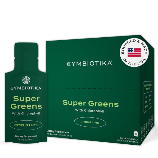 CYMBIOTIKA Super Greens Supplement with Chlorophyll, Spirulina, Daily Vegan Superfood Packets for Digestive Gut Health, Detox, Energy and Immune Support, Citrus Lime Flavor, 15 mL Pouches, 30 Pack - NutriGlobal