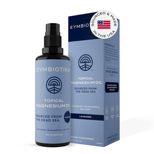 CYMBIOTIKA Topical Magnesium Oil Spray for Body, USA Made, Supplement for Leg Cramps, Muscle, Joint Health & Sleep Support, Includes Magnesium Chloride, Lavender Extract, Aloe Vera - Skin Applicator - NutriGlobal