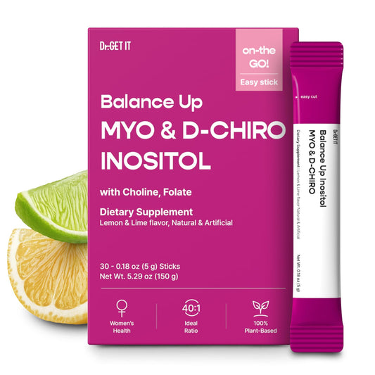 Dr.GET IT Balance Up Inositol 40:1 Myo & D-Chiro with Folate & Choline – Hormone Balance & Reproductive Health Support for Women – Lemon Lime Stick Powder, 30 Servings - NutriGlobal