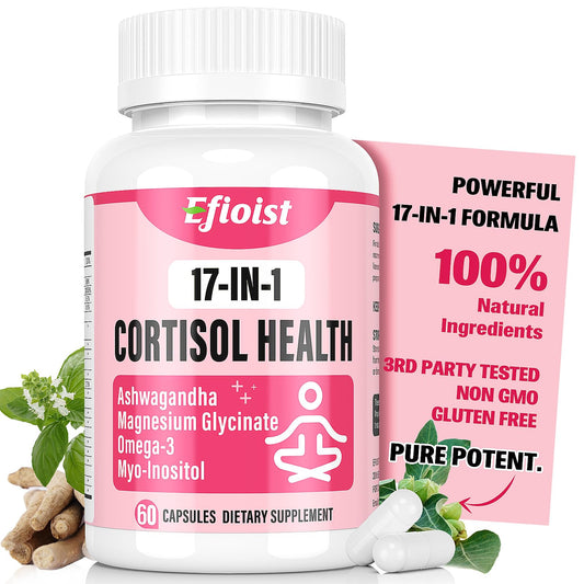 Efioist Cortisol Supplement for Women, 17-in-1 Hormone Harmony for Women, Cortisol Reducer with Ashwagandha, Rhodiola Rosea, Magnesium Glycinate, Omega-3, for Mood, Focus, Sleep Support, 60 Capsules - NutriGlobal