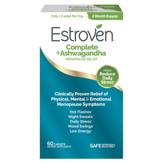 Estroven Complete + Ashwagandha Multi-Symptom Menopause Supplement for Women - 60 Ct. - Clinically Proven Ingredients Provide Menopause Relief & Night Sweats + Hot Flash Relief* - Drug-Free & Non-GMO - NutriGlobal