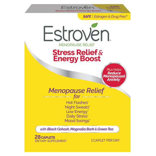Estroven Stress Relief & Energy Boost for Menopause Relief - 28 Ct. - Clinically Proven Ingredients Provide Stress & Energy Support + Night Sweats & Hot Flash Relief - Drug-Free and Gluten-Free - NutriGlobal