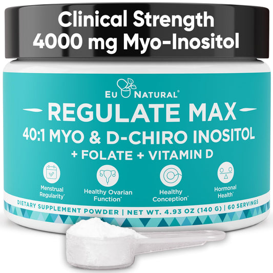Eu Natural Regulate MAX Myo-Inositol & D-Chiro Inositol Supplement Powder for Women with Vitamin D & Folate Nutritional Support, Hormone Balance & Fertility Support, Unflavored 60 Servings - NutriGlobal