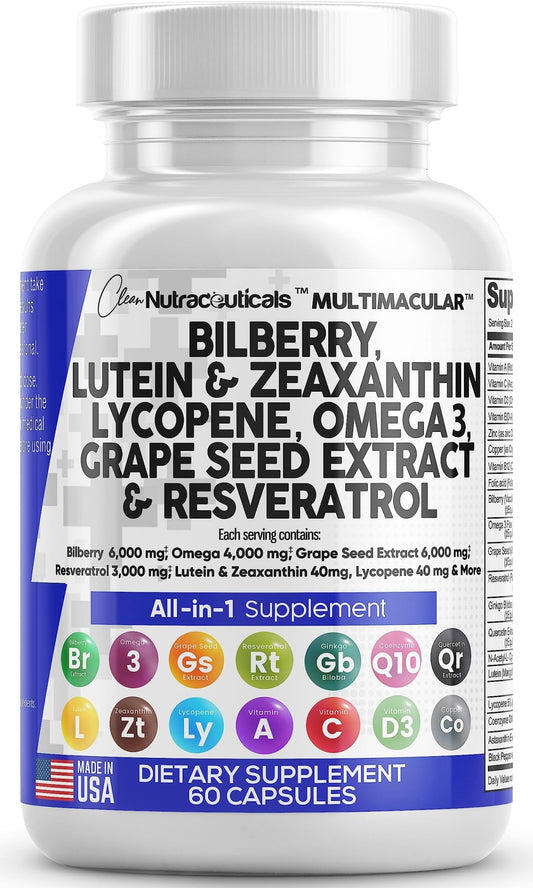 Eye Health Vitamins with Bilberry 6000mg Lutein & Zeaxanthin 40mg Lyco - NutriGlobal