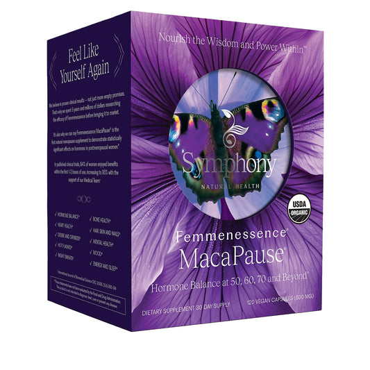 Femmenessence® MacaPause® – Clinically Proven Postmenopausal Organic Vegan Supplement for Natural Hormone Balance, Menopause Symptom Relief, Bone & Heart Health (120 Capsules, 30 Day Supply) - NutriGlobal
