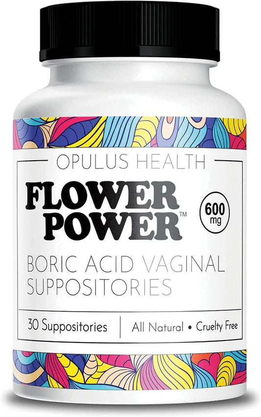 Flower Power Vegan Boric Acid Suppositories - 30 Capsules - 600mg for Vaginal Odor and pH Balance - Made in USA - NutriGlobal