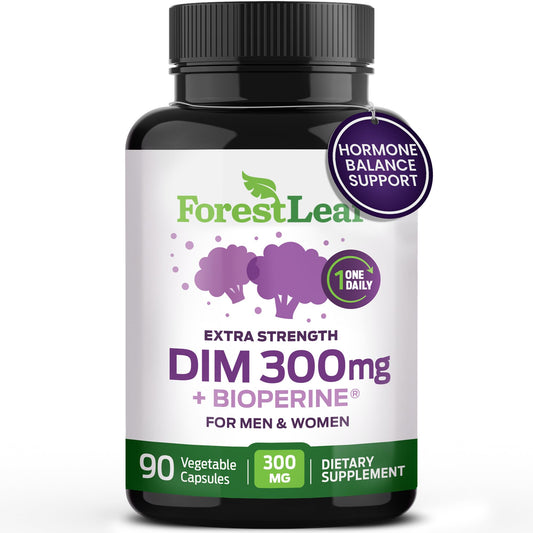 ForestLeaf DIM Supplement - 300mg DIM Estrogen Supplement for Women/Men - Diindolylmethane with BioPerine Black Pepper - Support for Detox, Metabolism, Hormone Balance & Menopause - 90 Caps - NutriGlobal
