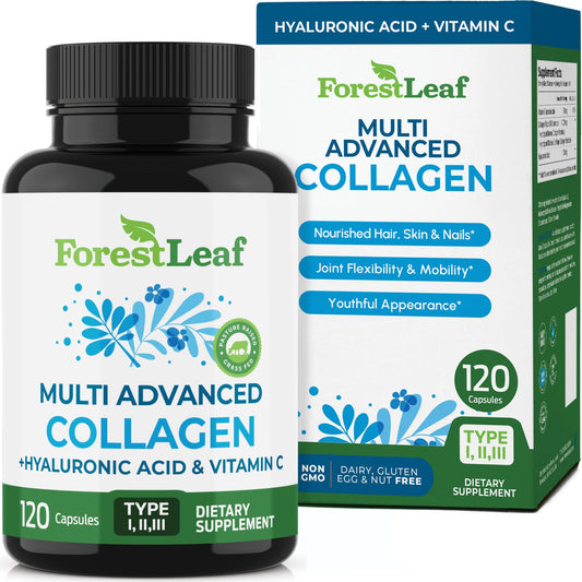 ForestLeaf Multi Collagen Pills with Hyaluronic Acid + Vitamin C | Hydrolyzed Collagen Supplements for Women or Men | Multi Collagen Capsules Peptides for Skin - NutriGlobal