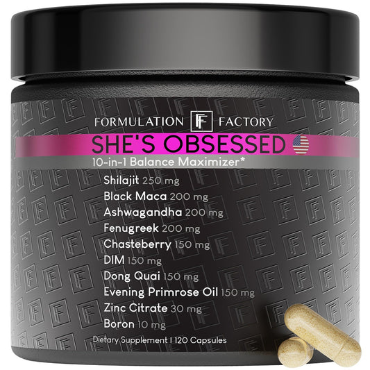 Formulation Factory She's Obsessed: 10-in-1 Hormone Balance Maximizer with Shilajit, Maca, Ashwagandha, DIM, Dong Quai, Zinc & More for Vitality & Balance – 120 Capsules 2 Months - NutriGlobal