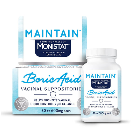 from The Makers of Monistat, Maintain Boric Acid Suppositories for Women, Fragrance-Free Inserts for Vaginal Odor Control and pH Balance Without Irritation, 30 Count - NutriGlobal