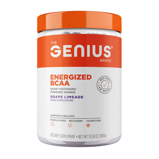 Genius BCAA Powder - 5g Vegan BCAAs L-Glutamine, Cognizin & Rhodiola Muscle Recovery Energy Support 100mg Caffeine Pre, Intra, Post-Workout Nootropic Supplement for Focus & Performance - Grape Limeade - NutriGlobal