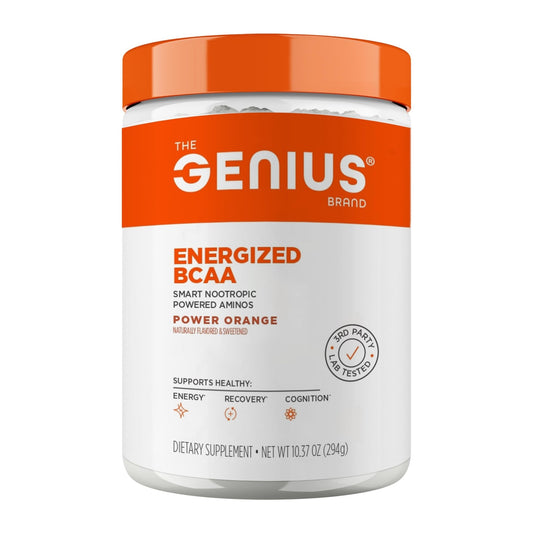 Genius BCAA Powder - 5g Vegan BCAAs L-Glutamine, Cognizin & Rhodiola Muscle Recovery Energy Support 100mg Caffeine Pre, Intra, Post-Workout Nootropic Supplement for Focus & Performance - Orange - NutriGlobal