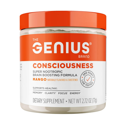 Genius Consciousness, Super Nootropic Brain Supplement Powder, Mango - Boost Focus, Cognitive Function, Concentration & Memory Booster - Alpha GPC & Lions Mane Mushroom for Neuro Energy & IQ - NutriGlobal