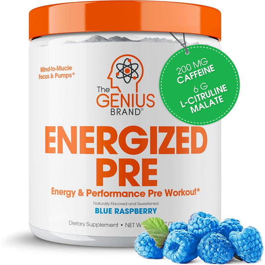 Genius Energized Pre Workout Powder – Caffeine Infused Pre-Workout Booster Supplement with Beta Alanine & Alpha GPC, No Artificial Sweeteners or Dyes - 200mg Caffeine, 20 Servings, Blue Raspberry - NutriGlobal