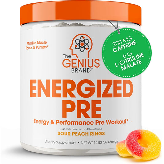Genius Energized Pre Workout Powder – Caffeine Infused Pre-Workout Booster Supplement with Beta Alanine & Alpha GPC, No Artificial Sweeteners or Dyes - 200mg Caffeine, 20 Servings, Sour Peach Rings - NutriGlobal