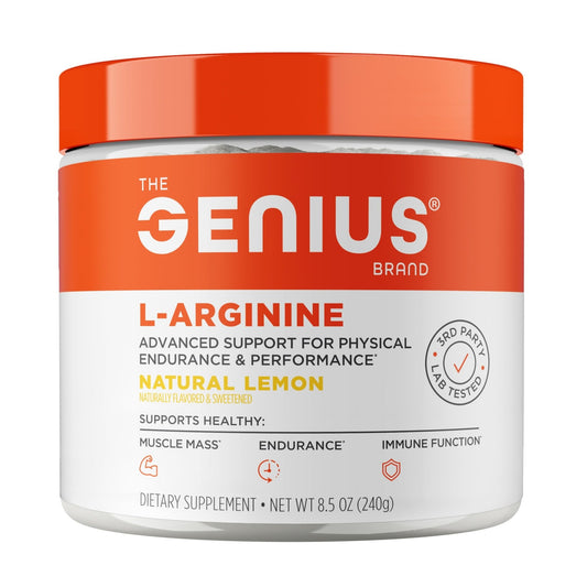 Genius L-Arginine Nitric Oxide Powder - Fermented L- Arginine Nutritional Supplements & Nitric Oxide Booster - Pre Workout, Natural Muscle Builder - 30 Servings, Lemon - NutriGlobal