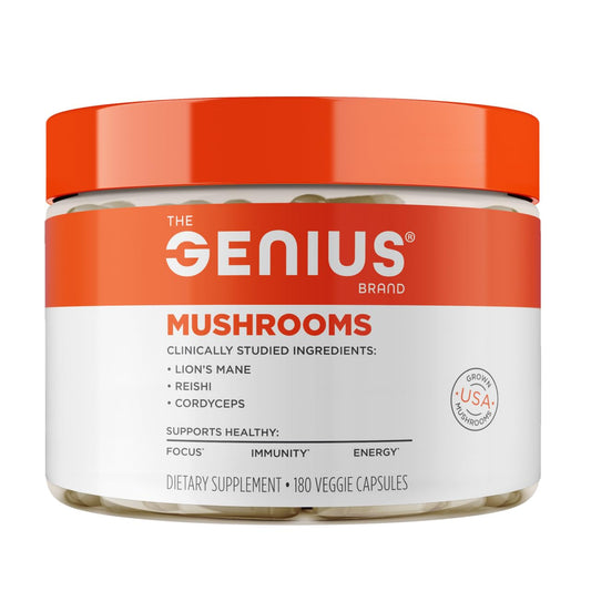 Genius Mushroom Supplement - Full-Spectrum Lion’s Mane, Cordyceps, Reishi -Daily Brain Nootropic for Energy, Focus, Memory & Overall Wellness - 180 Capsules – Organic for Mental Clarity & Performance - NutriGlobal