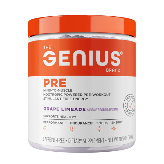 Genius Pre Caffeine-Free Pre Workout Boosted Energy, Focus, Performance Nootropic Formula AlphaSize, Citrulline Malate, CarnoSyn Beta Alanine Endurance, Stamina, Recovery, 20 Servings - Grape Limeade - NutriGlobal