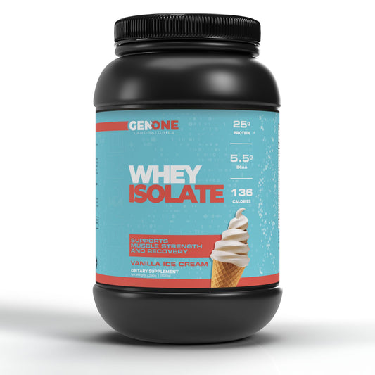 GenOne Whey Protein Powder Isolate, 25g Protein and 5.5g BCAAs per Serving, Vanilla Ice - NutriGlobal