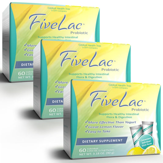 GHT - FiveLac Lemon Probiotic Powder Drink Mix, Probiotics for Women, Men, and Kids - Smooth Digestive Support and Elimination - Relieves Occasional Constipation and Gas - 60 Packets (3 Pack) Non-GMO - NutriGlobal