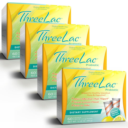 GHT - ThreeLac Lemon Probiotic Drink Mix for Digestive Health - Advanced Probiotic Powder Formula for Men, Women, and Kids - Immune Support & Gut Balance, Non-GMO - 240 Packets - NutriGlobal