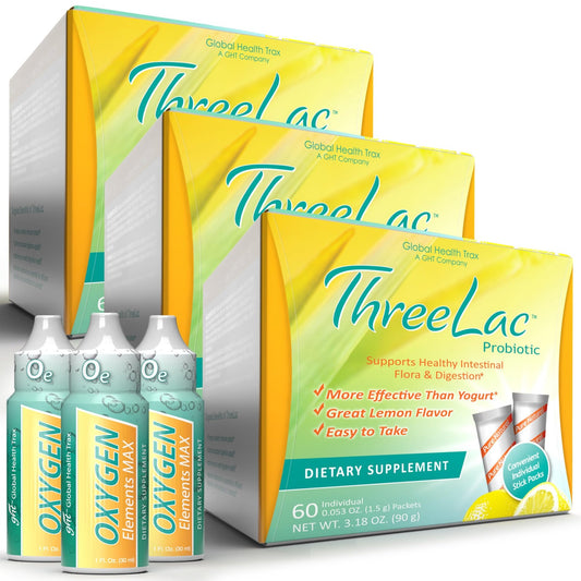 GHT – Ultimate Gut & Oxygen Duo: ThreeLac Lemon Probiotic Powder (180 Packets) & Oxygen Elements Max Drops (3oz) - Digestive Support & Cellular Vitality - NutriGlobal
