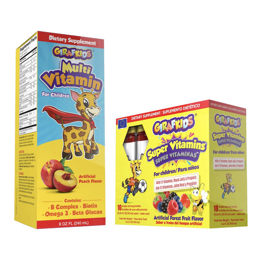 GirafKids Multivitamin Syrup + Super Vitamins Liquid Bundle for Kids Ages 4+ | Omega-3, Beta Glucan, Royal Jelly & Propolis | - NutriGlobal