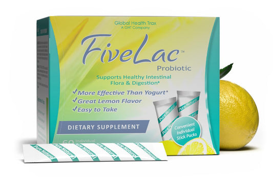 Global Health Trax GHT - FiveLac Lemon Probiotic Powder Drink Mix, Probiotics for Women, Men, Kids - Smooth Digestive Support & Elimination – Relieve Constipation & Gas - 60 Packets, 3.18 Oz, Non-GMO - NutriGlobal