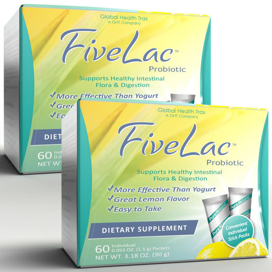 Global Health Trax GHT - FiveLac Lemon Probiotic Powder Drink Mix, Probiotics for Women, Men & Kids - Smooth Digestive Support & Elimination - Relieves Constipation & Gas - 60 Packets (2 Pack) Non-GMO - NutriGlobal