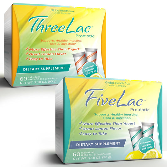 Global Health Trax GHT - FiveLac + Threelac Lemon Probiotic Powder Drink Mix, Probiotics for Women, Men, Kids, Smooth Digestive Support & Elimination, Relieves Constipation & Gas - 60 Packets, Non-GMO - NutriGlobal