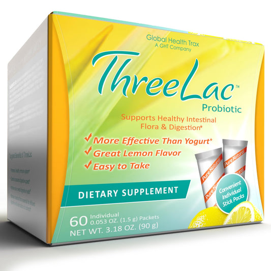 Global Health Trax GHT - ThreeLac Lemon Probiotic Drink Mix for Digestive Health - Advanced Probiotic Powder Formula for Men, Women & Kids - Immune Support & Gut Balance, Non-GMO - 60 Packets - NutriGlobal
