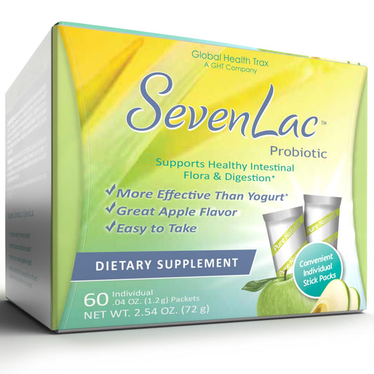 Global Health Trax SevenLac Apple Probiotic Powder Drink Mix, Probiotics for Women, Men, and Kids – Smooth Digestive Support - Relieves Constipation and Gas – 60 Packets, 2.54 Oz, Non-GMO, Gluten-Free - NutriGlobal