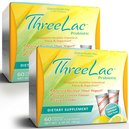 Global Health Trax ThreeLac Lemon Probiotic Drink Mix for Digestive Health - Advanced Probiotic Powder Formula for Men, Women, and Kids - Immune Support & Gut Balance, Non-GMO - 120 Packets - NutriGlobal