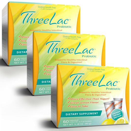 Global Health Trax ThreeLac Lemon Probiotic Drink Mix for Digestive Health - Advanced Probiotic Powder Formula for Men, Women, and Kids - Immune Support & Gut Balance, Non-GMO - 180 Packets - NutriGlobal
