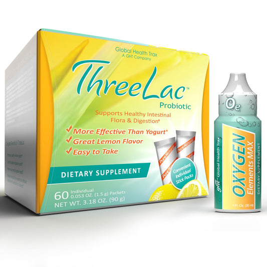 Global Health Trax Ultimate Gut & Oxygen Duo: ThreeLac Lemon Probiotic Powder (60 Packets) & Oxygen Elements Max Drops (1oz) - Digestive Support & Cellular Vitality - NutriGlobal
