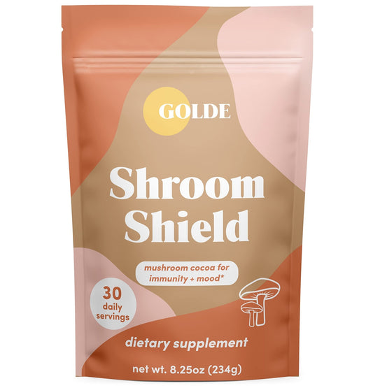 GOLDE Shroom Shield - Plant Based Superfood Blend w/Turkey Tail Mushroom & Reishi Mushroom Extract - Stress Defense - Antioxidants & Prebiotics - Vegan, Keto, & Sugar-Free Hot Cocoa - 30 Servings - NutriGlobal