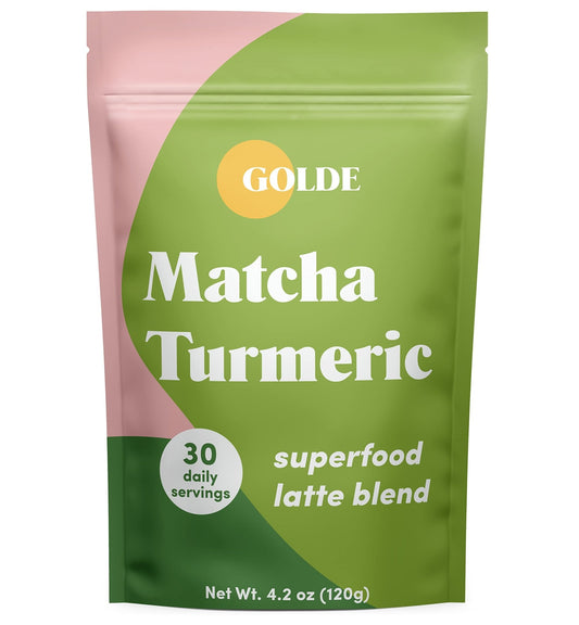 GOLDE - Superfood Latte Blend - Matcha Turmeric - Plant-Based w/Turmeric, Coconut, & Matcha - Stress Balance - Vegan, Keto, & Sugar-Free - 30 Servings - NutriGlobal