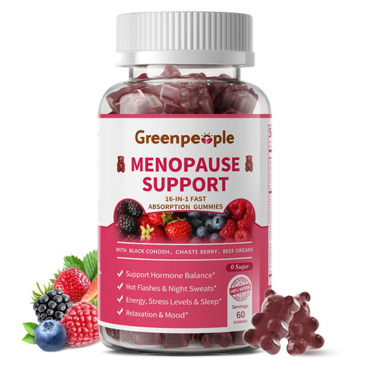 GREENPEOPLE Menopause Supplements for Women Gummies - 16-in-1 Dual Action Menopause Relief W/Black Cohosh, Vitex, Beef Organs for Hormone Balance, Hot Flashes, Night Sweats & Mood, Sugar-Free 60 CT - NutriGlobal