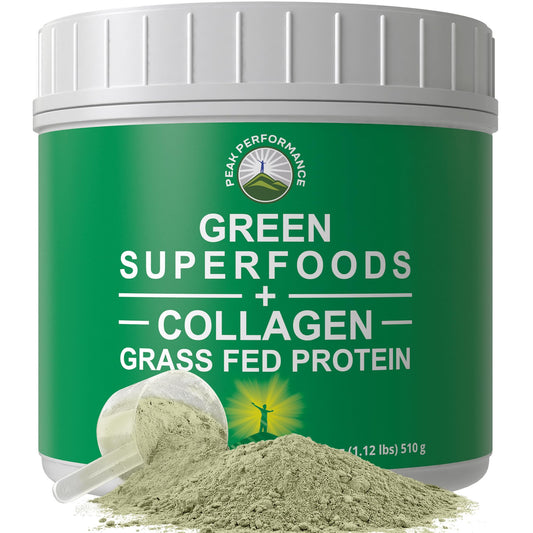 Greens Superfood + Grass Fed Collagen Peptides Powder - Ultimate Blend of Best Tasting Green Superfood with Pure Pasture Raised Hydrolyzed Protein Powder for Skin Hair + Joint Health - NutriGlobal