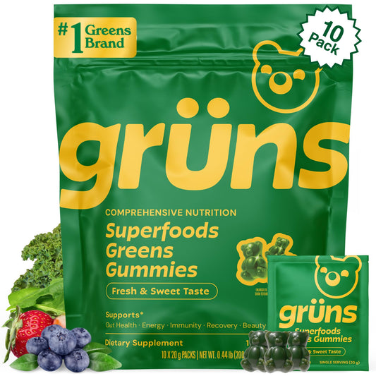 Gruns Adults Super Greens Gummies, Multivitamin Superfood Gummy Bears, Spirulina, Chlorella, Prebiotics & Fiber Gummies for Digestive Health - NutriGlobal