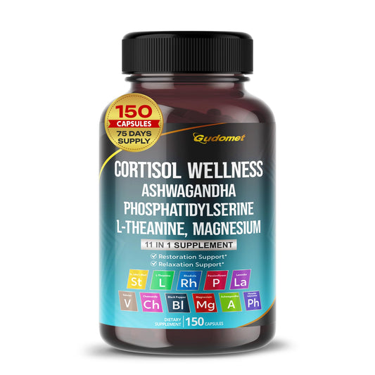 GUDOMET CORTISOL Wellness Magnesium Ashwagandha L-Theanine Phosphatidylserine Rhodiola Rosea Passionflower Lavender Chamomile -150 Capsules - NutriGlobal